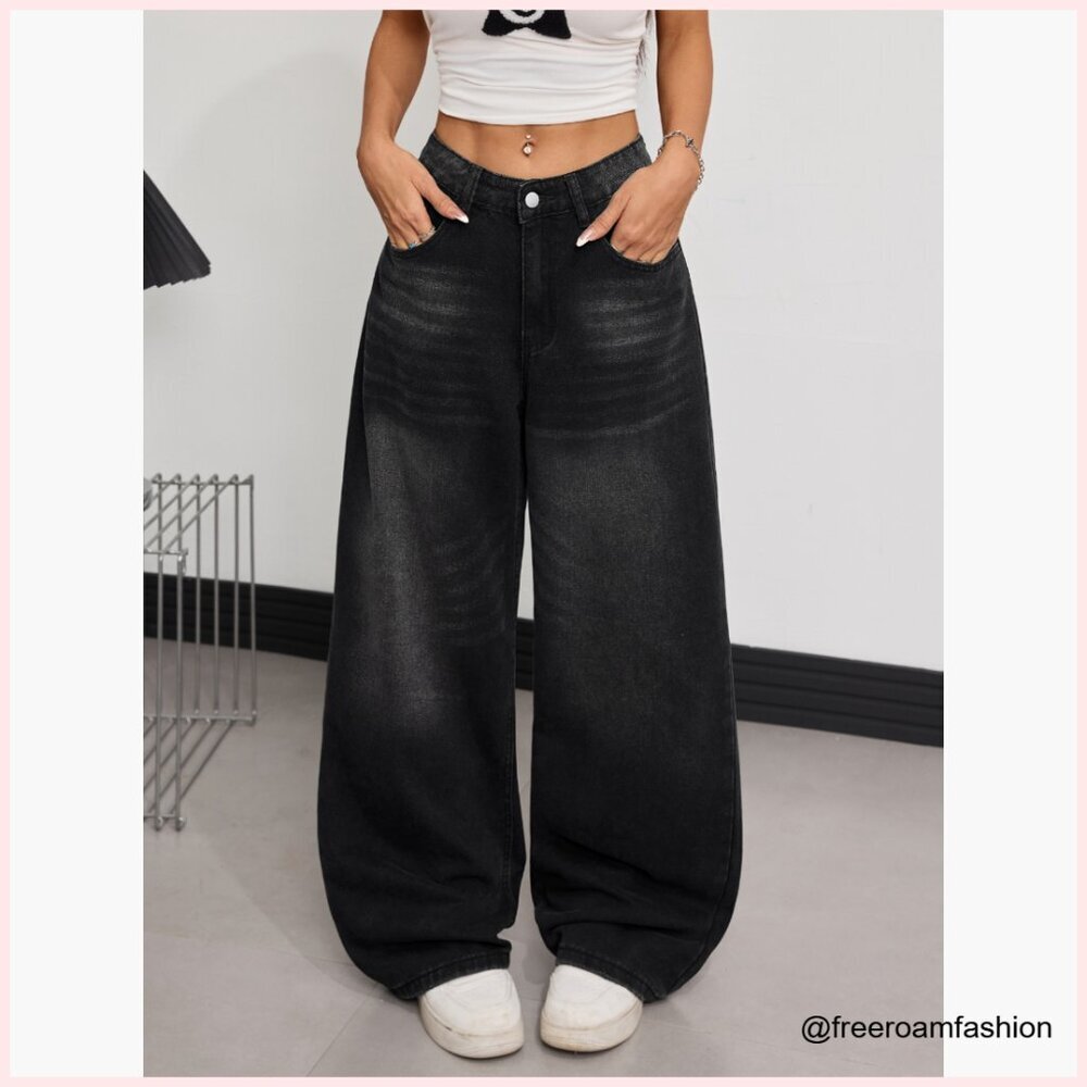Baggy Wide Leg Jeans High Rise Loose Fit Vintage Y2K Streetwear Pants - Picture 7 of 7